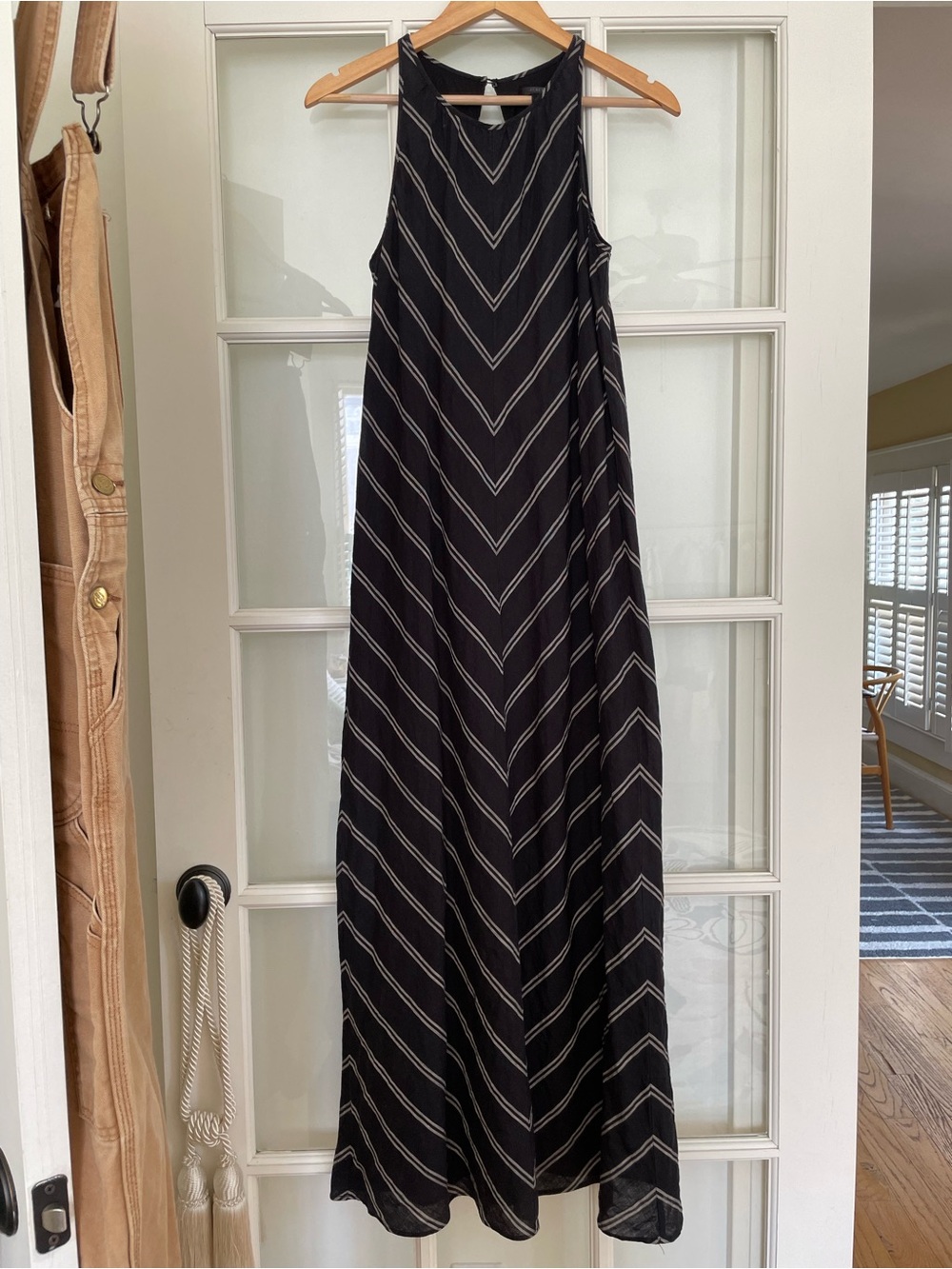 J Crew 100% linen maxi dress sleeveless racerback black chevron print 4 # A4994